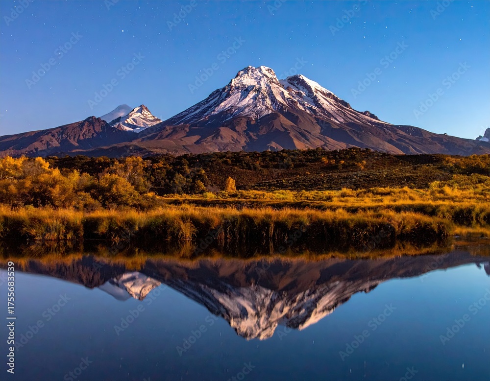 Fototapeta premium Snow-capped mountain reflected in still lake, autumn colors