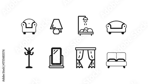 Home Furniture and Interior Decor Line Icon Set: Modern Outline Vector Symbols for Living Room, Bedroom, Bathroom, Lighting, and Accessories