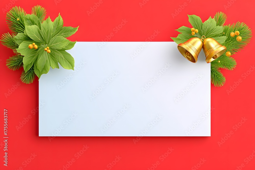 Obraz premium Festive Holiday Greeting Card: A blank greeting card on a vivid red background, adorned with Christmas embellishments, ready for holiday wishes.