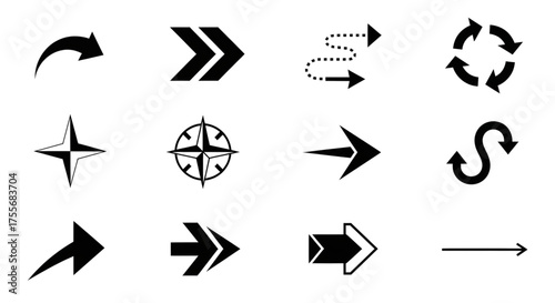 A large collection of black and white arrow icons showing different directions and styles.
