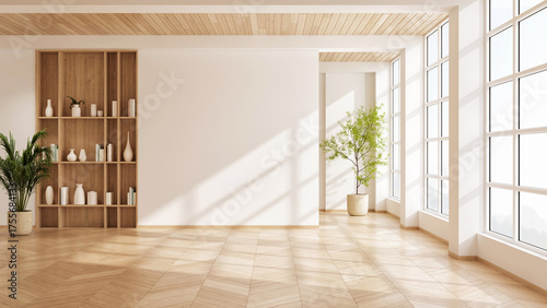 Empty room in Modern mid-century style with white wooden bookshelf, and parquet floor. and spacious unfurnished interior with large windows and natural light,3d render