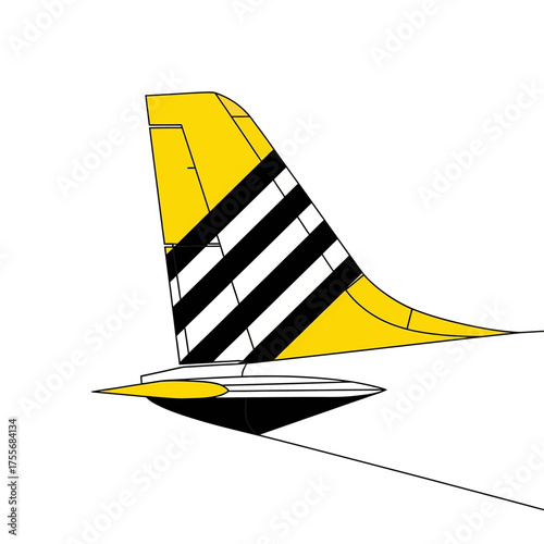 A yellow and black tail fin of an airplane isolated on white background, showcasing a distinctive design with bold stripes and aerodynamic features