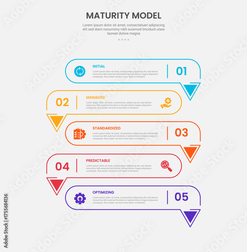 maturity model infographic outline style with 5 point template with long round rectangle with arrow bottom direction opposite for slide presentation
