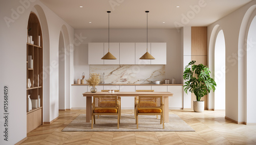 Obraz na płótnie Modern minimal kitchen,Bright contemporary dining area with pendant lights over a wooden table and a large Monstera plant with arched doorways