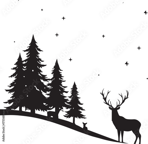 Forest wildlife night scene vector illustration with stag, deer, trees, and stars in silhouette style
