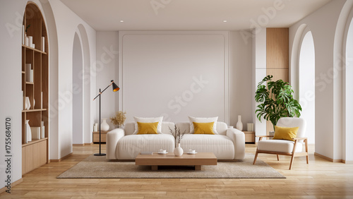 Bright and cozy Scandinavian interior with a Monstera plant,  with a comfortable sofa, armchair, and elegant arched doorways..3d render