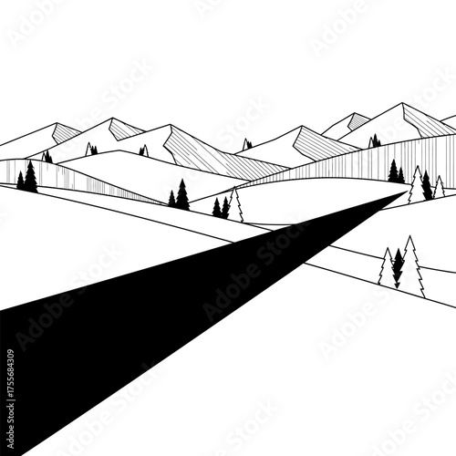 A black and white line drawing of a mountain range with a road leading into the distance isolated on white background, creating a minimalist landscape scene