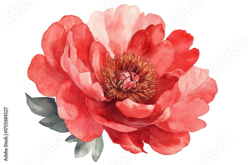 Watercolor red flower, detailed petals and center