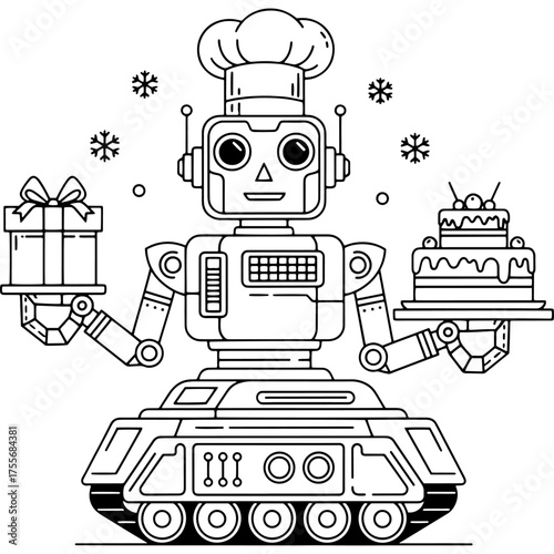A cyborg assistant with tank wheels delivers cakes and parcels as holiday greetings. Line art depicting the future of the food service industry through artificial intelligence and machine learning.