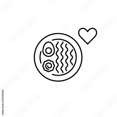 Ramen and heart. Favorite delivery dishes, Asian cuisine takeaway and home cooking. Pixel perfect, editable stroke vector icon