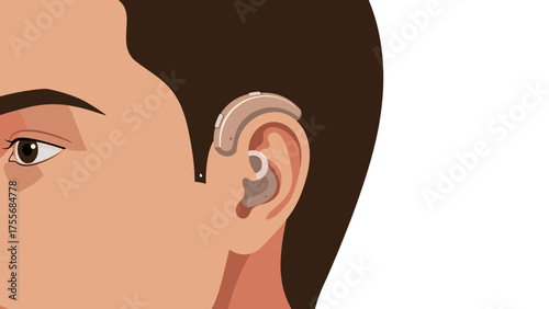 Man with hearing aid on right ear in illustrated profile view  