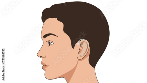Profile of man with hearing aid on ear in illustration style  