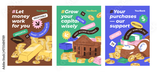 Set of bank service posters designs. Promotion layouts of economic offers for finance, investments and deposit accounts. Advertising templates with cash, money and coins. Flat vector illustrations