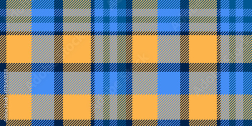 Grunge check plaid tartan, cultural seamless pattern textile. Glamor background fabric texture vector in amber and blue colors.