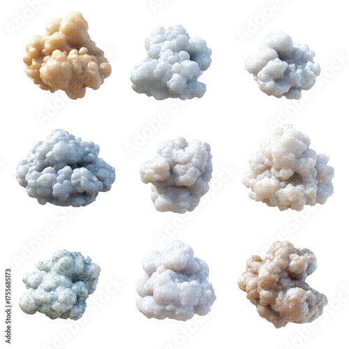 9 fluffy, mineral-like cloud formations on black background