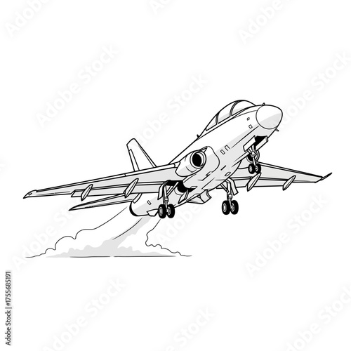 Illustration of a fighter jet taking off, leaving a trail of smoke behind it, isolated on white background a dynamic image perfect for aviation enthusiasts