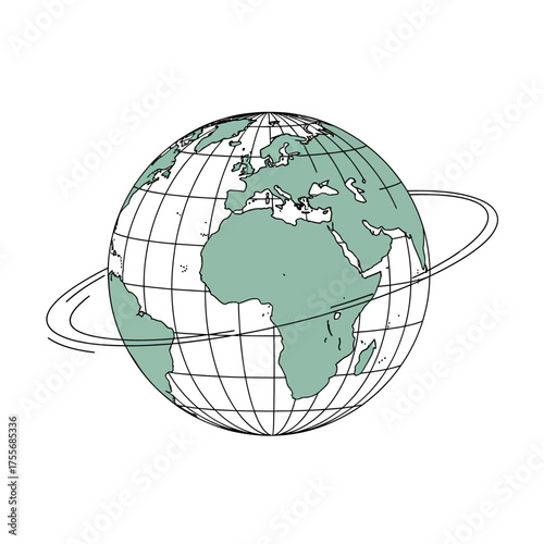 A detailed sketch of the earth globe with orbiting rings, isolated on white background a clean and modern representation of our planet and its environment