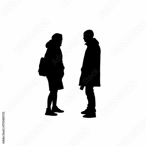 Silhouette of two recovering people talking after meeting isolated on white background