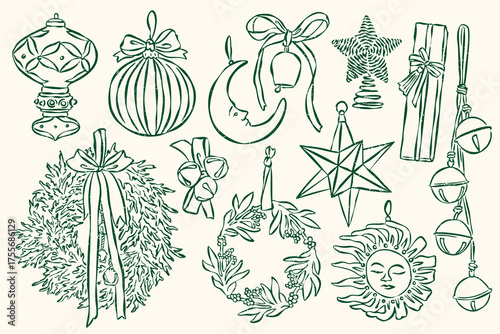 Christmas ornament doodles collection. Art for greeting cards, party invitations, poster design, postcards, branding, logo design, background.	