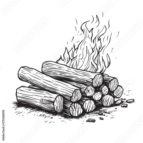 line art vector illustration of firewood stacked next to a blazing fire