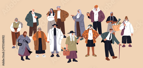Crowd of happy old people is standing together. Group of senior men and women in fashion clothes with bags and canes. Diverse elderly hold hands, hug and smile. Flat isolated vector illustration