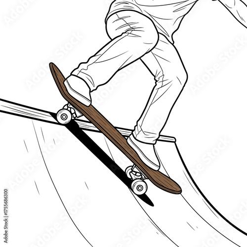 A skateboarder is performing a trick on a halfpipe, showcasing the skill and athleticism involved in skateboarding, isolated on white background
