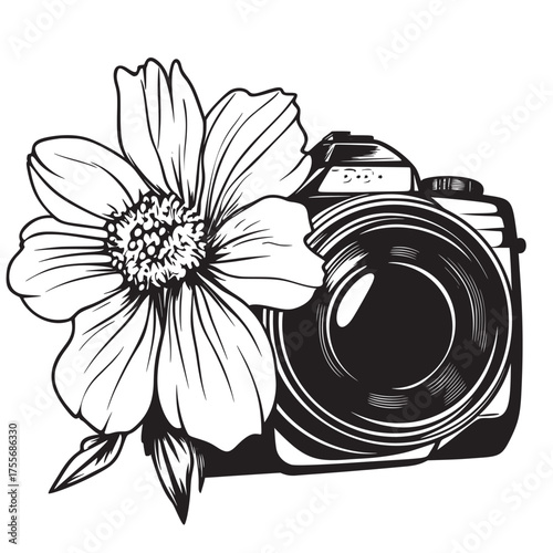 modern doodle line vector artwork of camera lens focused on a flower