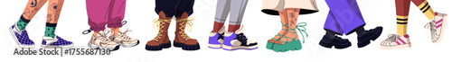 Set of human feet in fashion boots. Row of legs in youth and stylish shoes and sneakers. Modern footgear with socks. Different casual footwear. Flat isolated vector illustration on white background