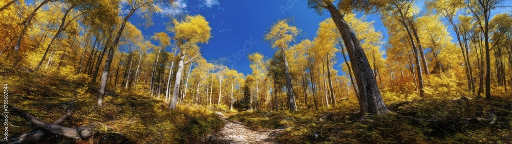 Fototapeta premium Autumn landscape adventure forest path hdr panoramic view vibrant environment