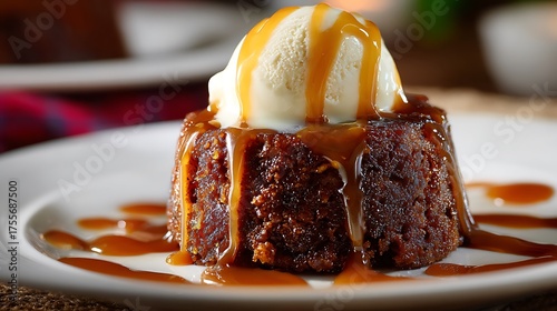 Sticky toffee pudding with vanilla ice cream caramel topping  
