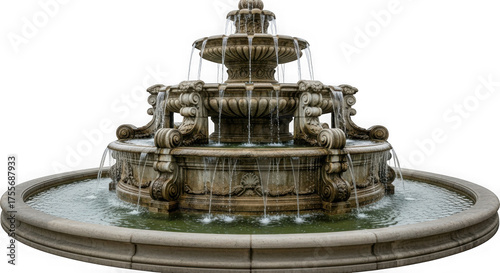 3d ornate stone fountain with cascading water isolated on transparent background
