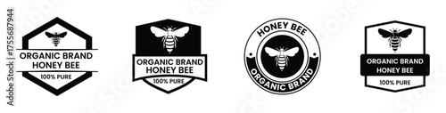  100% Natural wild raw organic honey logo label concept with bee symbol inside hexagon honeycomb nectar drop sign. Beekeeper farm badge brand identity template. Vector illustration.