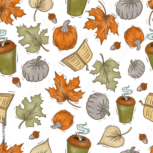 Autumn warm clothes cozy fall leaves mushrooms pumpkin pie hand drawn watercolor illustration
