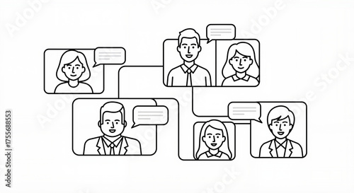 Virtual team meeting illustration showing six people in conversation  