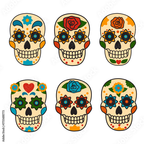 Vector hand drawn set of sugar skulls for Day of the Dead celebration.