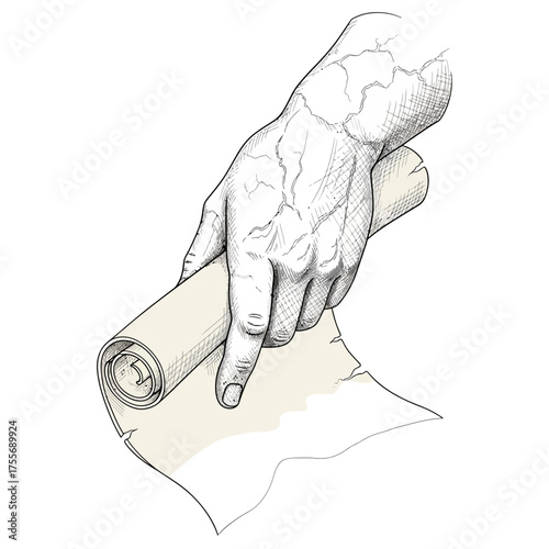 Illustration of a hand unrolling a scroll isolated on white background, rendered in a detailed, vintage style with fine lines and stippling for texture and depth