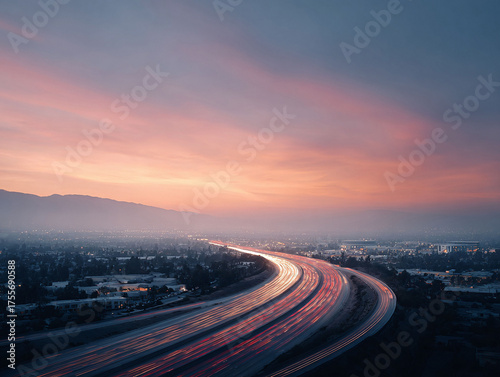 Aerial view of highway light trails at dusk, showcasing motion and urban connectivity under a serene sky. Captures modern transport, travel and the energy of city life.