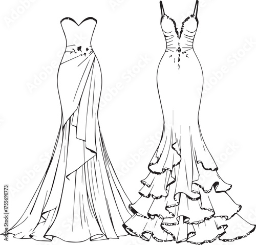 Black and white vector illustration of elegant evening gowns with sweetheart neckline and ruffled mermaid skirt
