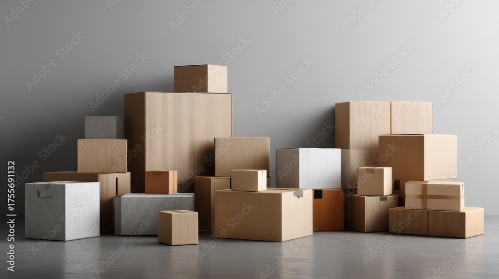 Fototapeta premium Stacked cardboard boxes warehouse logistics minimal shipping storage packaging advertising concept design
