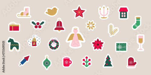Set of Christmas minimalist geometric stickers. Modern Xmas abstract icons,symbol, elements.  New Year holiday decoration. Simple flat vector illustration.