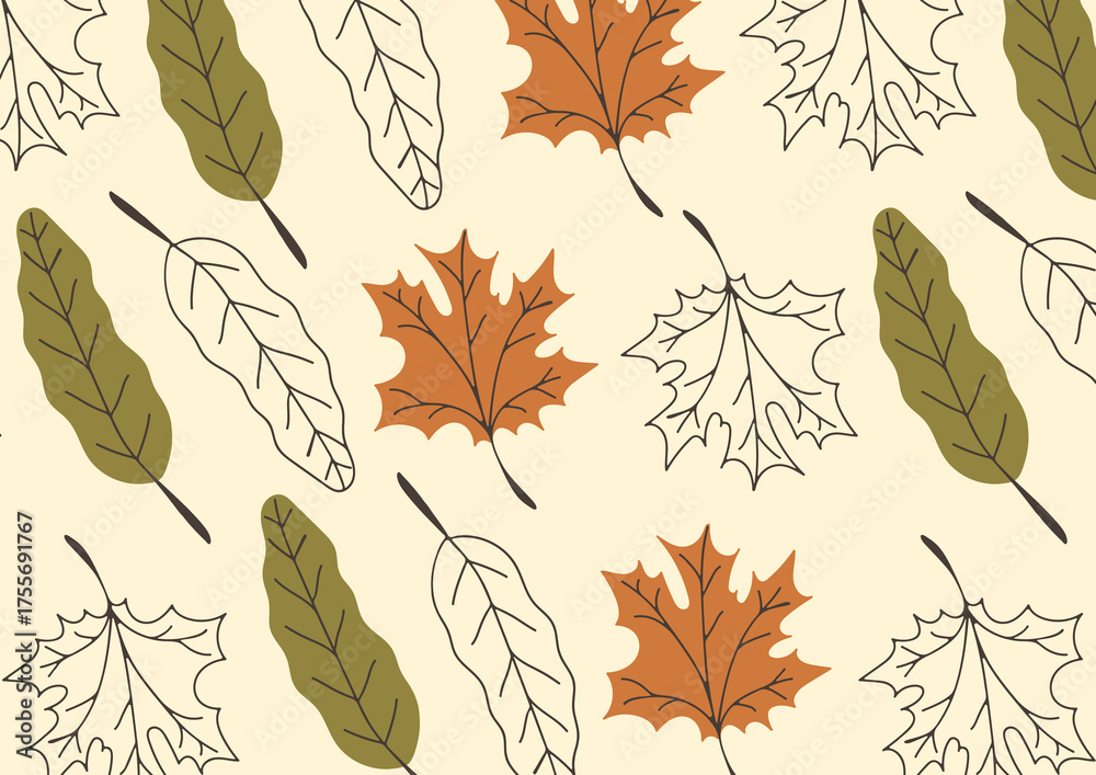 Obraz premium Autumn leaf pattern with repeating motifs of stylized oak and maple leaves in earthy tones of green and orange on a cream background perfect for seasonal decor and design