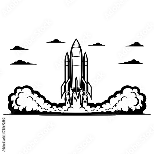 Black and White Space Shuttle Launch Illustration with Clouds and Smoke