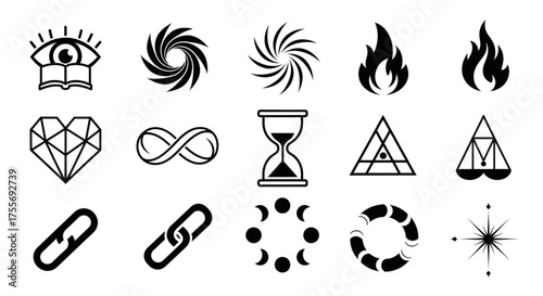 A collection of minimalist and esoteric symbols for mystical spiritual and philosophical concepts.
