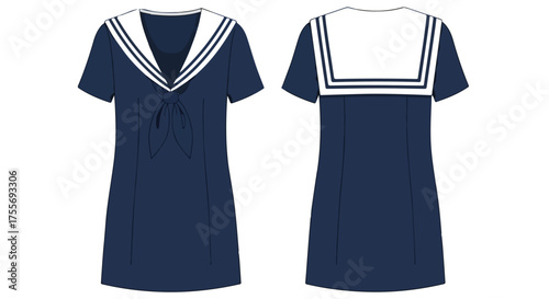 Technical flat sketch of a sailor-style dress, showcasing the front and back design on a white background, perfect for fashion designers or
