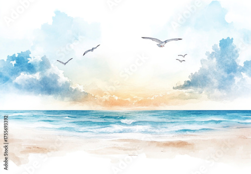 Watercolor beach sunset, sky with clouds and seagulls, blue sea, simple artwork on a white background.