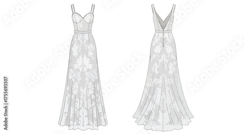 Detailed technical drawing showcasing a formal bridal gown with delicate floral patterns in white front and back perspectives design