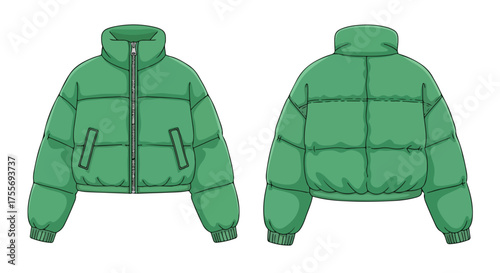 Stylized illustration of a green puffer jacket, featuring front and back views against a plain white backdrop offering a simple fashion concept