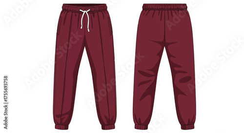 Burgundy Joggers Illustration: Front and Back Views Displaying Elastic Waistband and Cuffed Ankles for Comfort and Casual Fashion