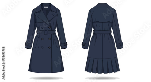 Sophisticated navy trench coat illustration showcasing front and back designs, emphasizing timeless elegance and tailored fit perfect for fashion