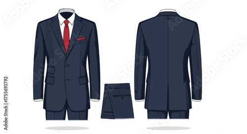 Men's Business Suit Illustration with Red Tie and Pocket Square: Front and Back Views for Design Projects